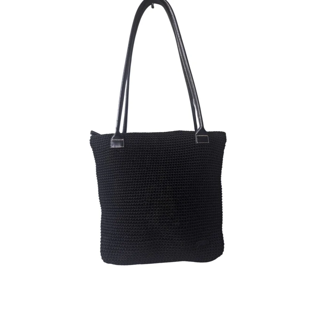 The Sak Elliott Lucca Black Crochet Shoulder Bag Tote Woven Knit Zipper Top